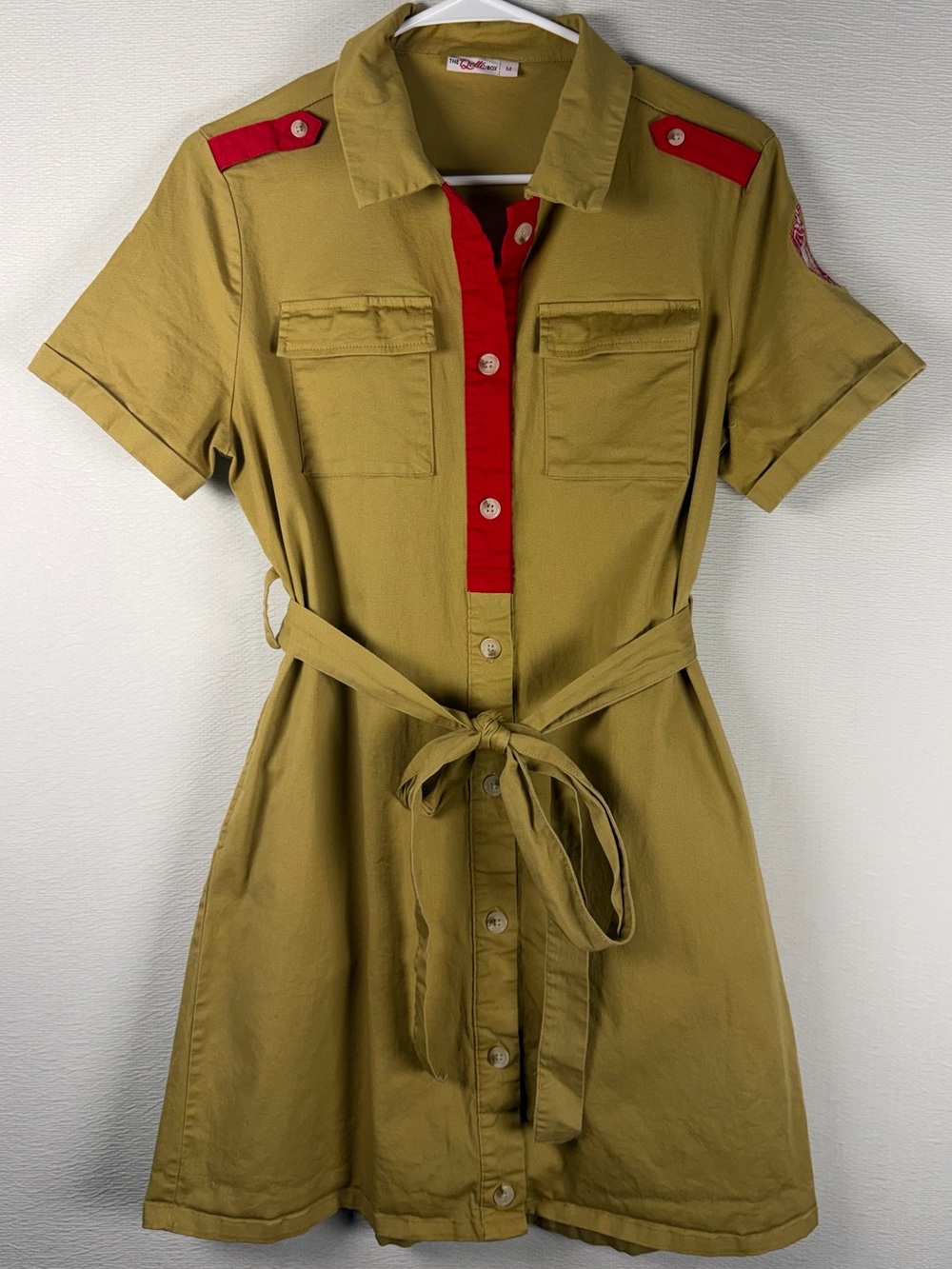 Delta Sigma Theta DST Sorority Shirt Dress Medium Retro Box Khaki Red Belted